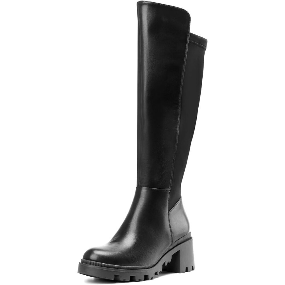 🆕Women's Black Knee High Comfortable Platform Heel Round Toe Stretch Boots